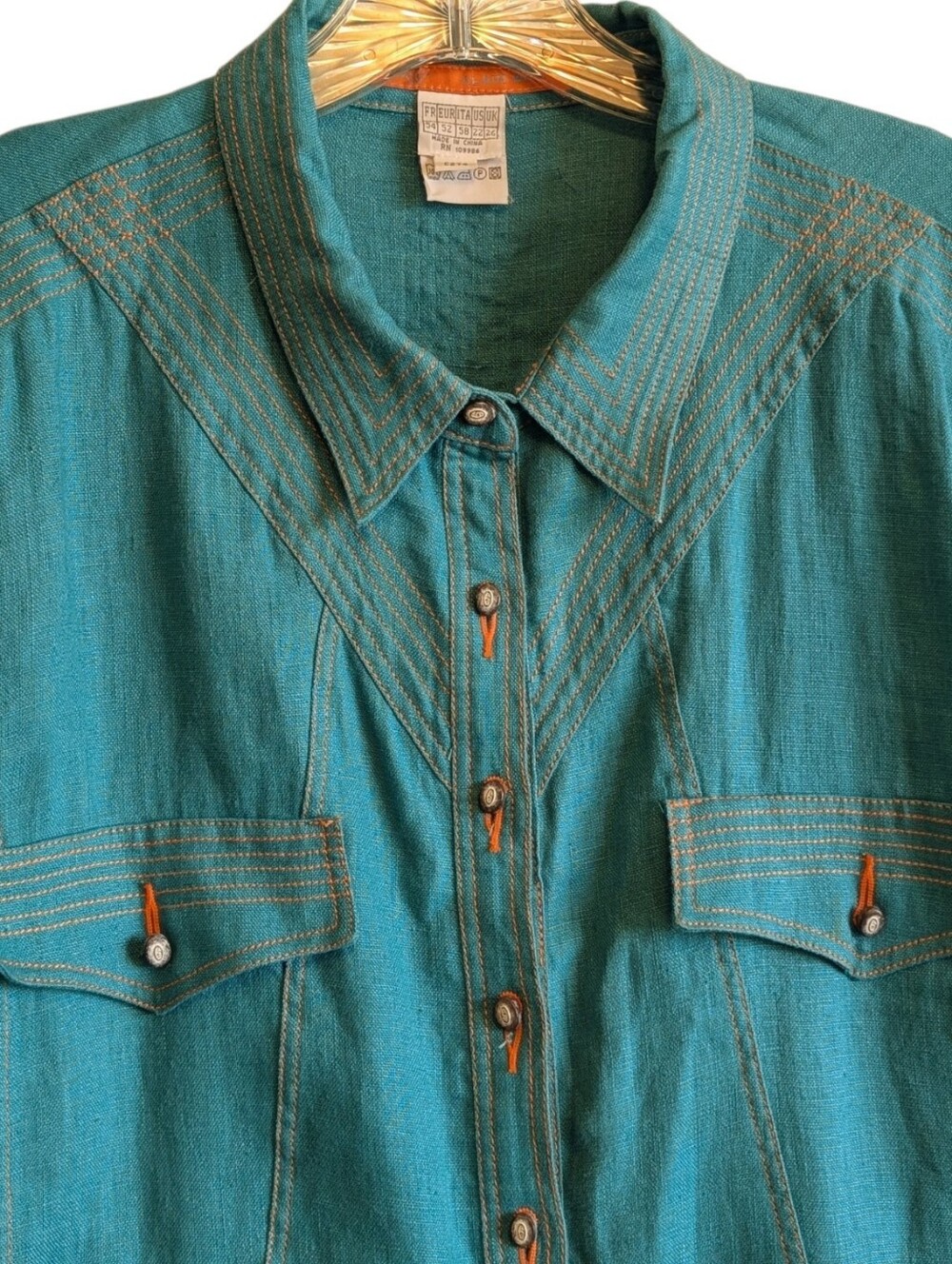 Alain Weiz Linen Short Sleeve Western Shirt Turquoise Orange Size 22W Artsy